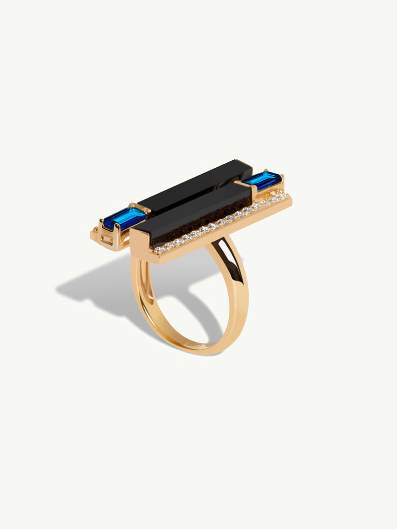 Invidia Black Onyx Column Ring With Baguette-Cut Blue Sapphires & Pavé-Set White Diamonds Ring In 18K Yellow Gold