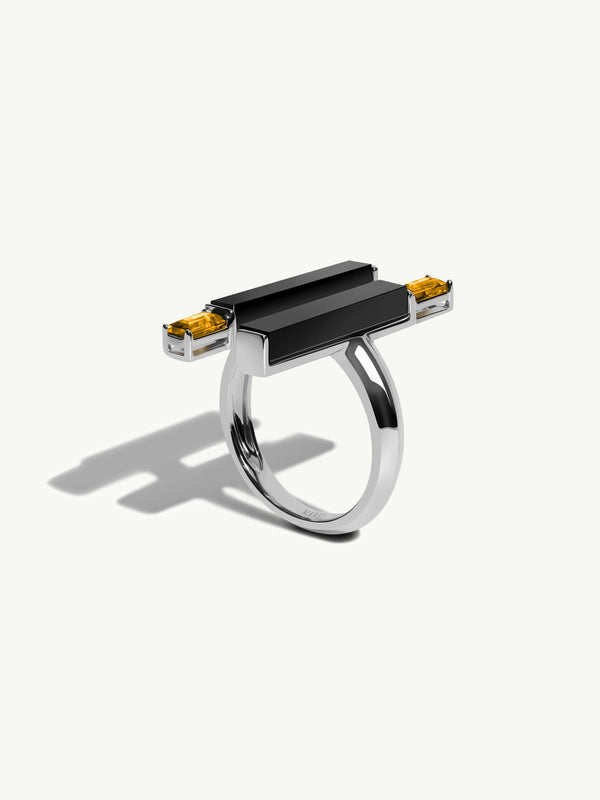 Invidia Black Onyx Column Ring With Baguette-Cut Citrine In 18K White Gold