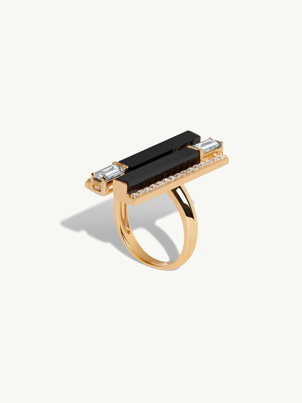 Invidia Black Onyx & Baguette-Cut White Diamond Ring With Pavé-Set Diamonds In 18K Yellow Gold