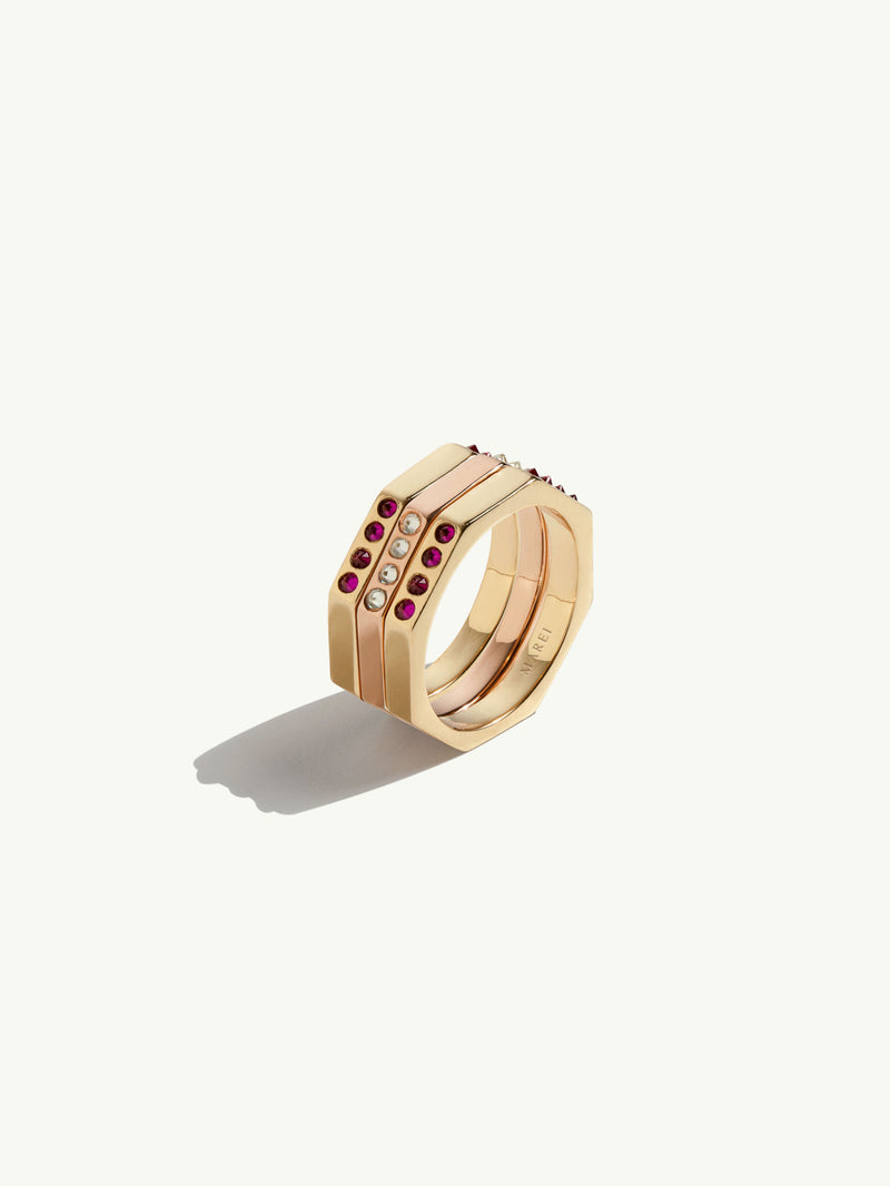 Octavian Triptych Tower Ring With Brilliant-Cut White Diamonds & Rubies In 18K Yellow & 18K Rose Gold - 4.5mm