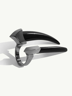 Damian Black Onyx Talisman Horn Ring In Blackened Silver