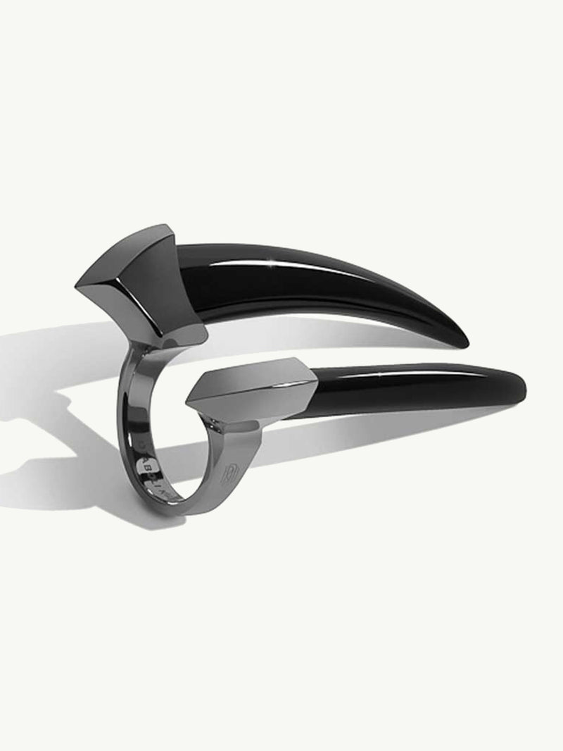 Damian Black Onyx Talisman Horn Ring In Blackened Silver