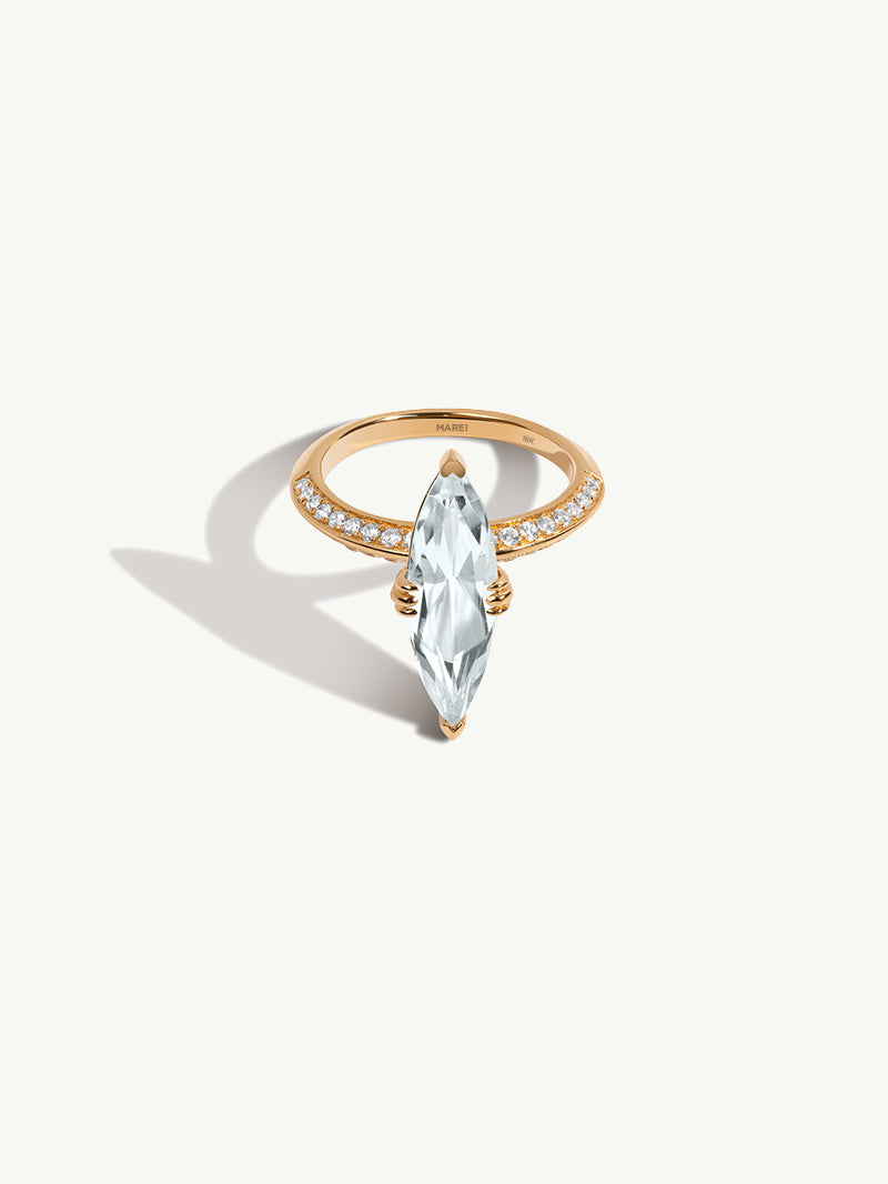 Marei Diamond Halo Marquise-Cut White Aquamarine Engagement Ring In 18K Yellow Gold