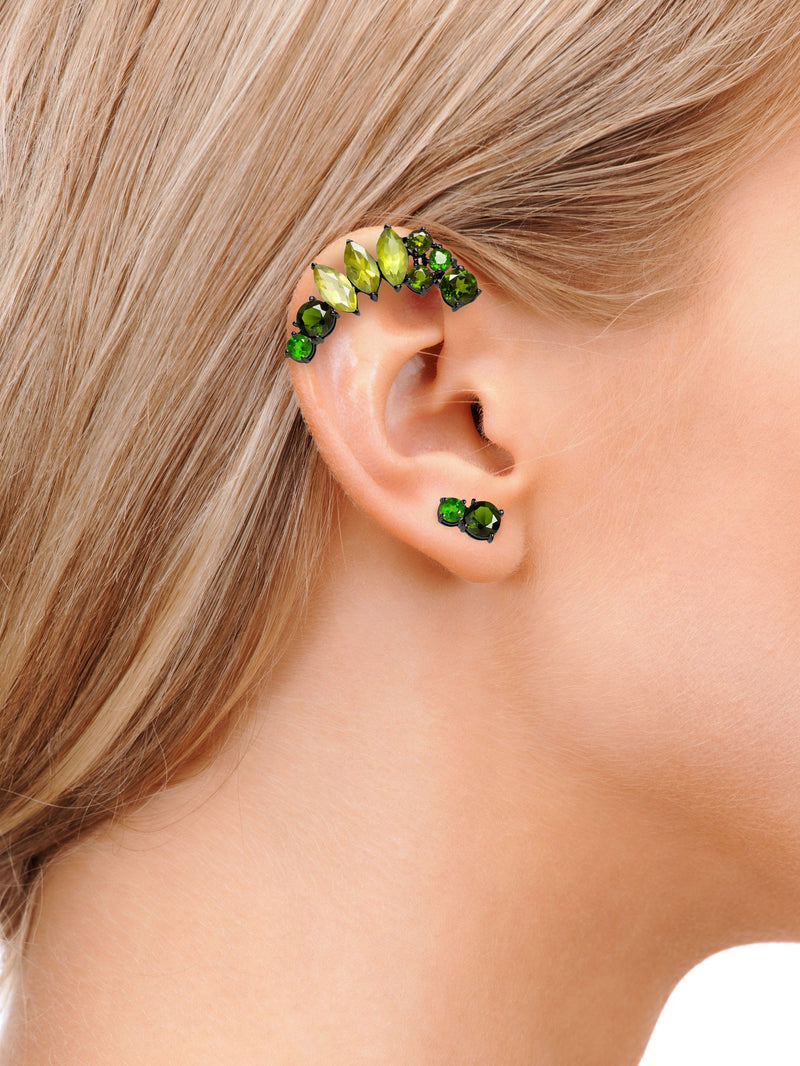 ISADORA GREEN GEMSTONE EAR CUFF AND STUD EARRINGS ON MODEL