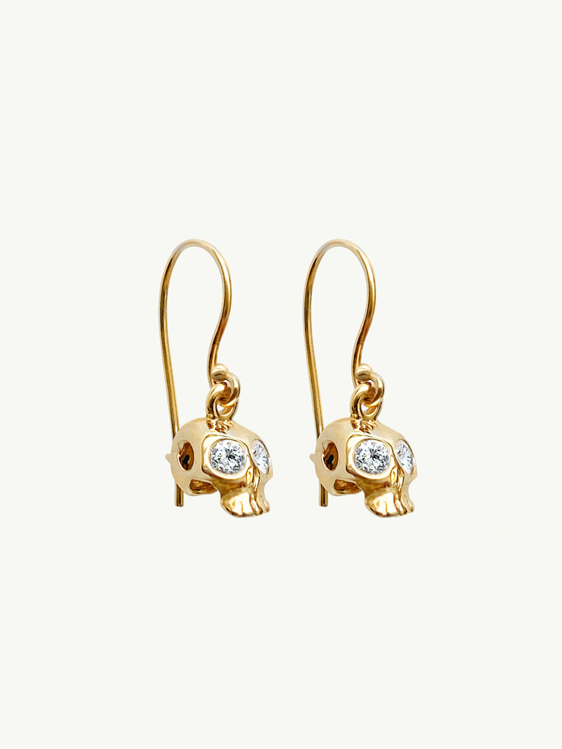 Memento Mori White Diamond Skull Earrings In 14K Yellow Gold