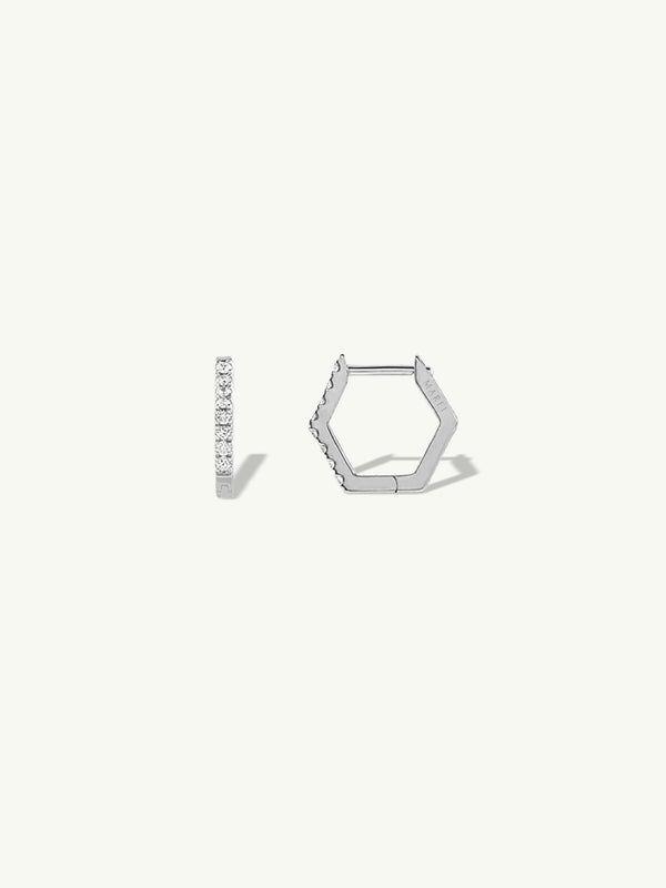 Hexagon Pavé White Diamond Earrings In 18K White Gold, 0.20 CTW