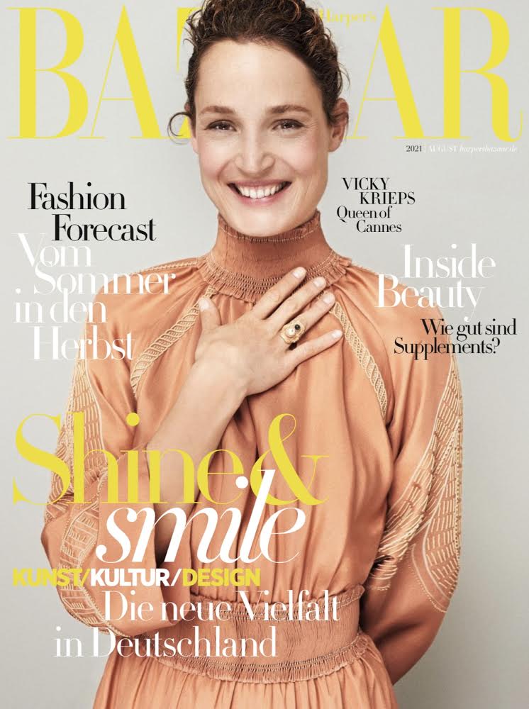 MAREI Amanti Hexagon Pendant Earrings in 18K White Gold Featured in Harper's Bazaar Germany August 2021