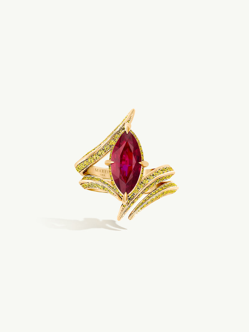 Ayla Arabesque Engagement Ring With Marquise-Cut Ruby With Pavé-Set Brilliant Vivid Yellow Diamonds In 18K Yellow Gold